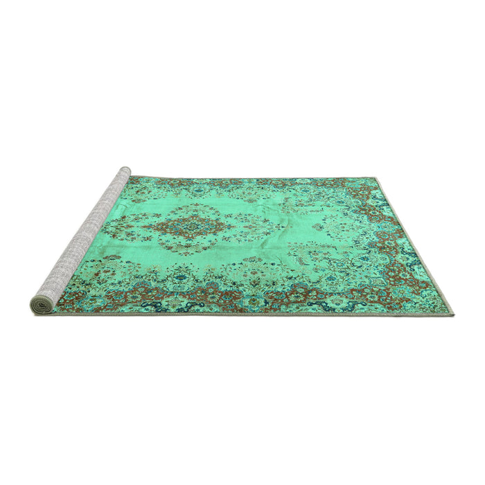 Sideview of Machine Washable Persian Turquoise Traditional Area Rugs, wshtr2590turq