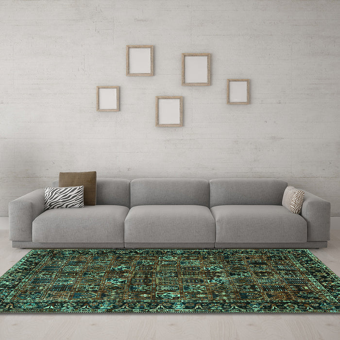 Machine Washable Persian Turquoise Traditional Area Rugs in a Living Room,, wshtr2591turq