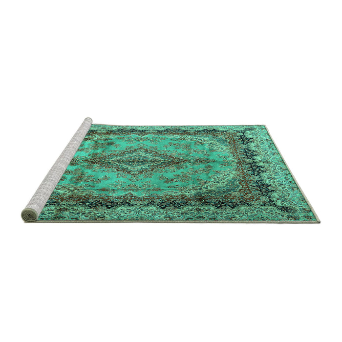 Sideview of Machine Washable Persian Turquoise Traditional Area Rugs, wshtr2592turq