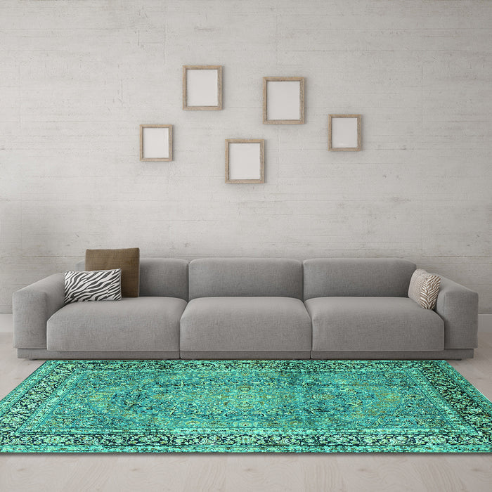 Machine Washable Persian Turquoise Traditional Area Rugs in a Living Room,, wshtr2593turq