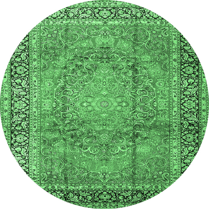 Round Machine Washable Persian Emerald Green Traditional Area Rugs, wshtr2593emgrn