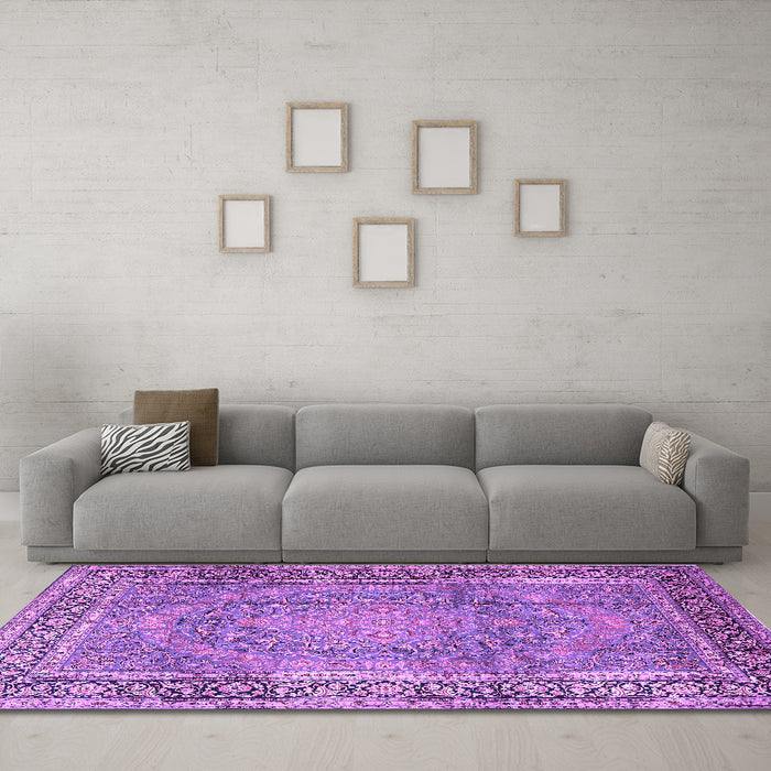 Machine Washable Persian Purple Traditional Area Rugs in a Living Room, wshtr2593pur