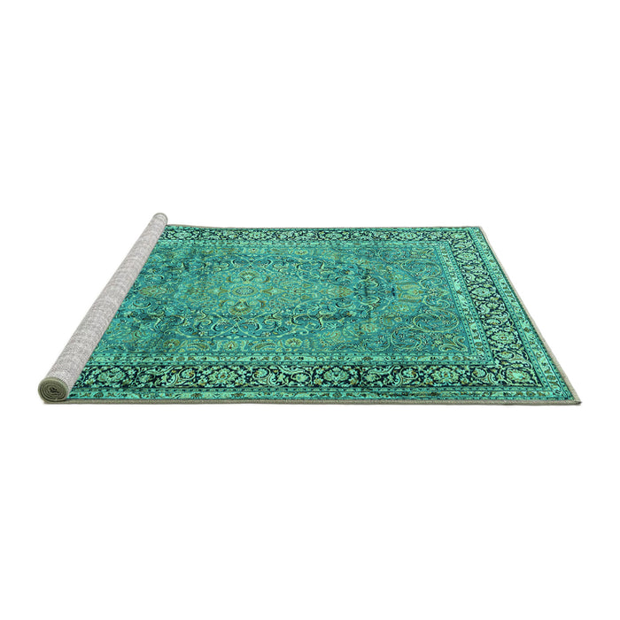 Sideview of Machine Washable Persian Turquoise Traditional Area Rugs, wshtr2593turq