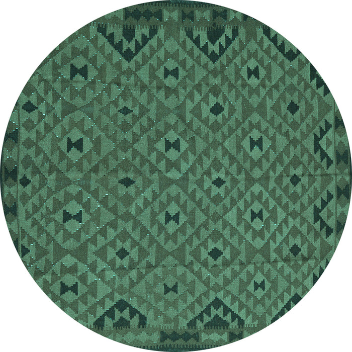 Round Machine Washable Southwestern Turquoise Country Area Rugs, wshtr2594turq