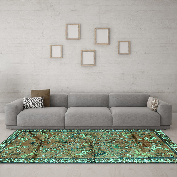 Machine Washable Animal Turquoise Traditional Area Rugs in a Living Room,, wshtr2595turq
