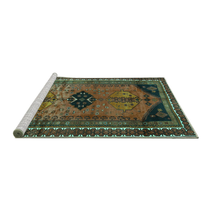 Sideview of Machine Washable Persian Turquoise Traditional Area Rugs, wshtr2596turq