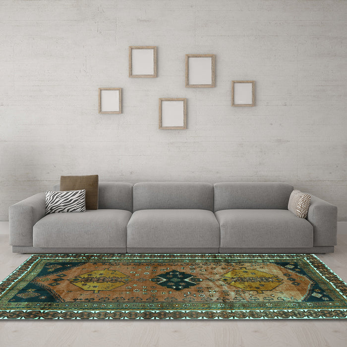 Machine Washable Persian Turquoise Traditional Area Rugs in a Living Room,, wshtr2596turq