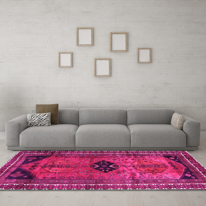 Machine Washable Persian Pink Traditional Rug in a Living Room, wshtr2596pnk
