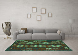 Machine Washable Southwestern Turquoise Country Area Rugs in a Living Room,, wshtr2597turq