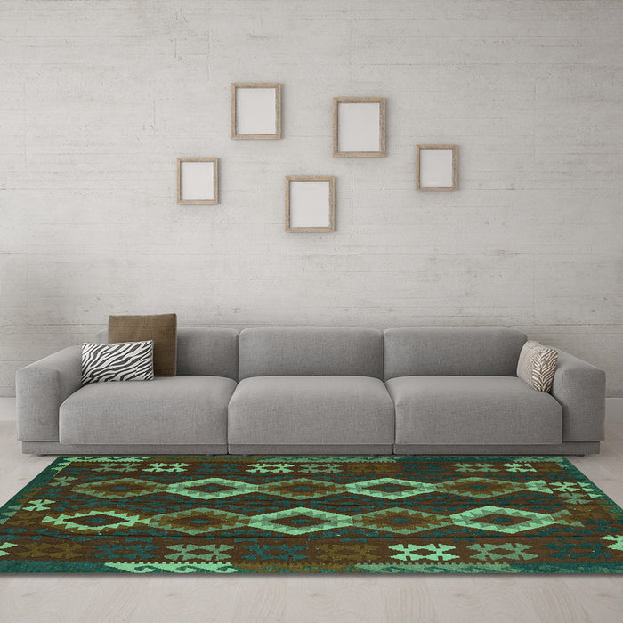 Machine Washable Southwestern Turquoise Country Area Rugs in a Living Room,, wshtr2597turq