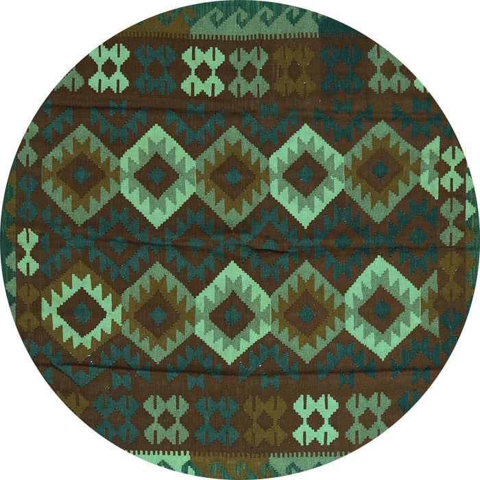Round Machine Washable Southwestern Turquoise Country Area Rugs, wshtr2597turq
