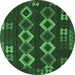 Round Machine Washable Southwestern Emerald Green Country Area Rugs, wshtr2597emgrn