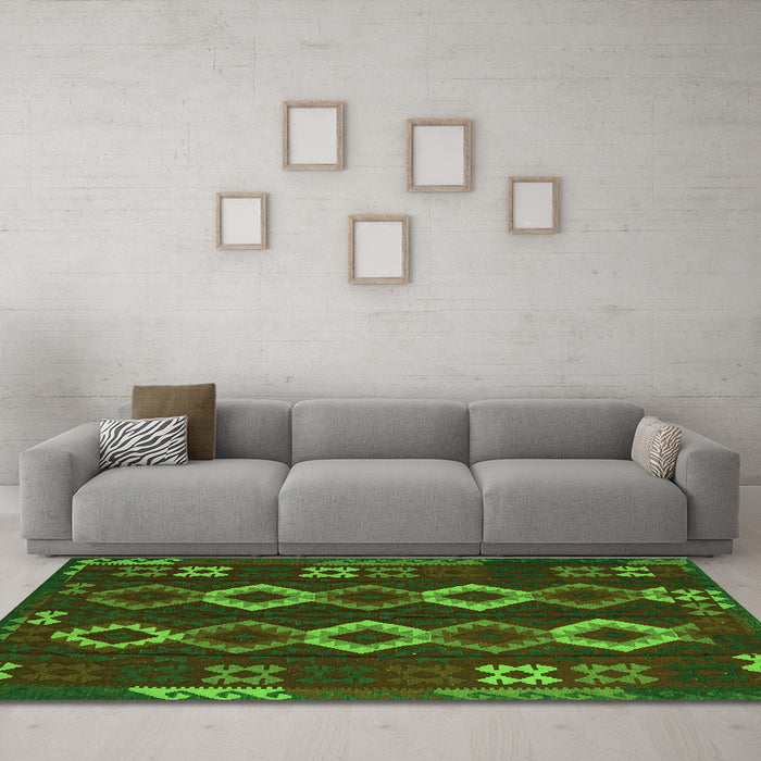 Machine Washable Southwestern Green Country Area Rugs in a Living Room,, wshtr2597grn