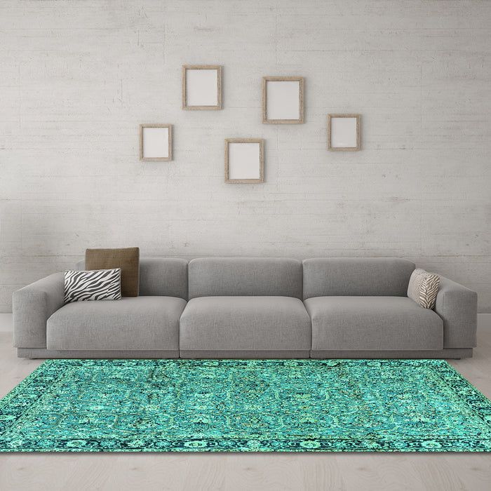 Machine Washable Persian Turquoise Traditional Area Rugs in a Living Room,, wshtr2598turq