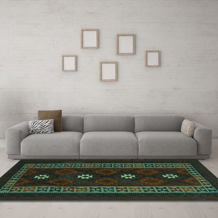 Machine Washable Southwestern Turquoise Country Area Rugs in a Living Room,, wshtr2599turq