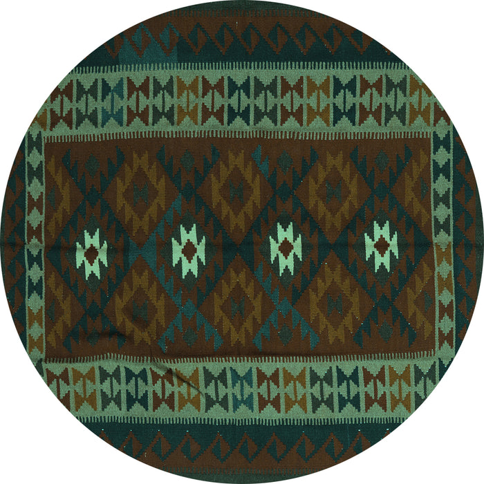 Round Machine Washable Southwestern Turquoise Country Area Rugs, wshtr2599turq