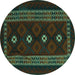 Round Machine Washable Southwestern Turquoise Country Area Rugs, wshtr2599turq