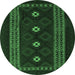 Round Machine Washable Southwestern Emerald Green Country Area Rugs, wshtr2599emgrn