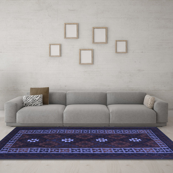 Machine Washable Southwestern Blue Country Rug in a Living Room, wshtr2599blu