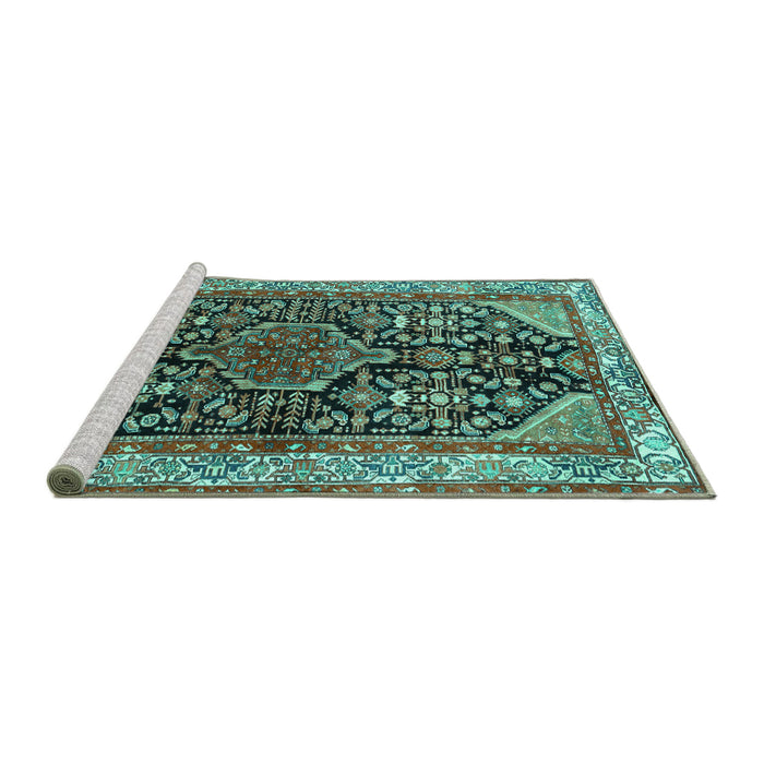 Sideview of Machine Washable Persian Turquoise Traditional Area Rugs, wshtr259turq