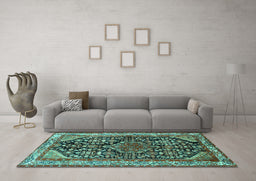 Machine Washable Persian Turquoise Traditional Area Rugs in a Living Room,, wshtr259turq