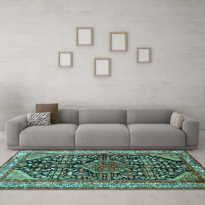 Machine Washable Persian Turquoise Traditional Area Rugs in a Living Room,, wshtr259turq