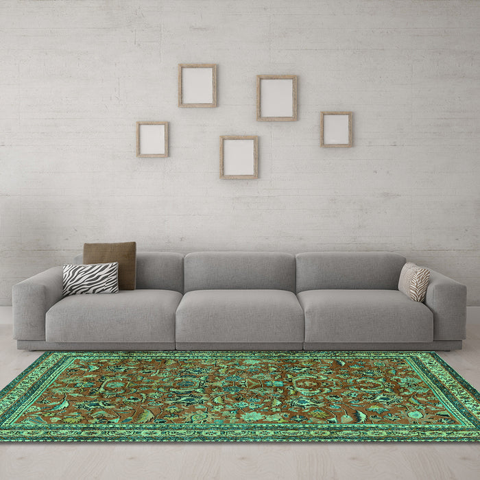 Machine Washable Persian Turquoise Traditional Area Rugs in a Living Room,, wshtr2600turq