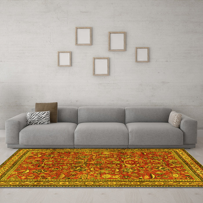Machine Washable Persian Yellow Traditional Rug in a Living Room, wshtr2600yw