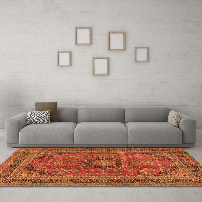 Machine Washable Medallion Orange Traditional Area Rugs in a Living Room, wshtr2601org
