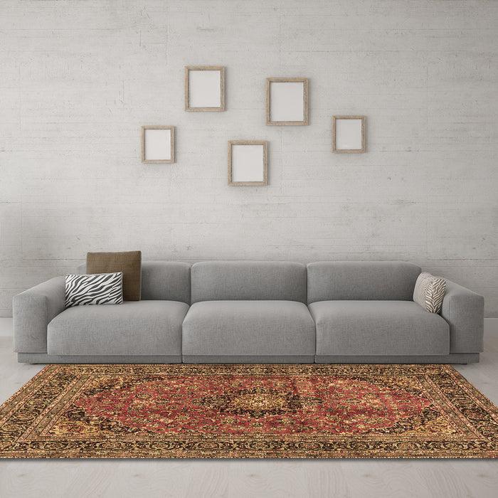 Machine Washable Medallion Brown Traditional Rug in a Living Room,, wshtr2601brn