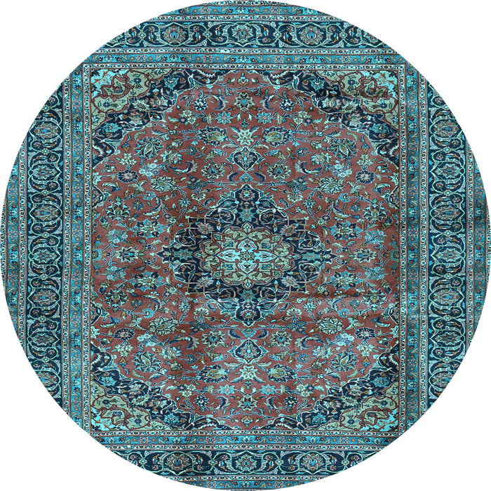Round Machine Washable Medallion Light Blue Traditional Rug, wshtr2601lblu