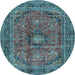 Round Machine Washable Medallion Light Blue Traditional Rug, wshtr2601lblu