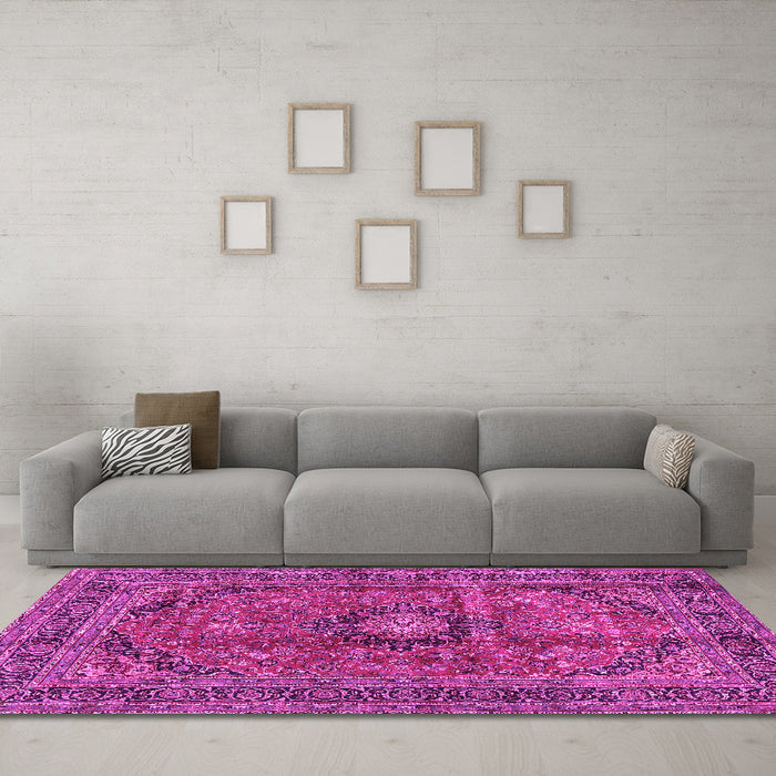 Machine Washable Medallion Pink Traditional Rug in a Living Room, wshtr2601pnk