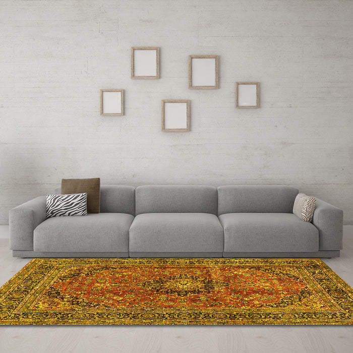 Machine Washable Medallion Yellow Traditional Rug in a Living Room, wshtr2601yw