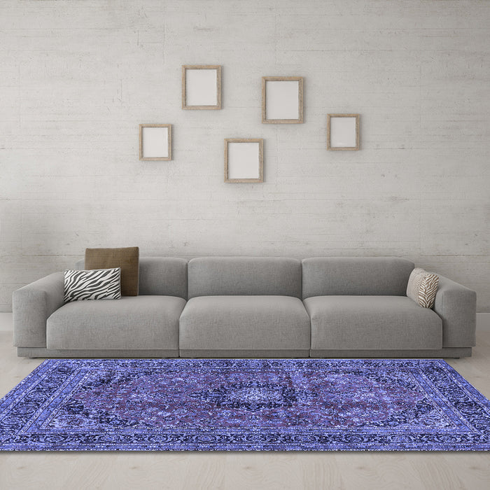 Machine Washable Medallion Blue Traditional Rug in a Living Room, wshtr2601blu