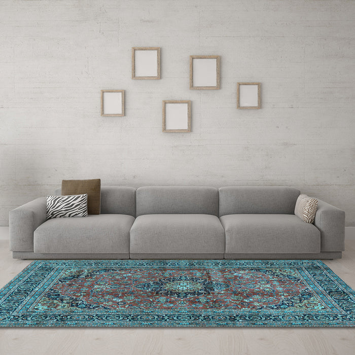 Machine Washable Medallion Light Blue Traditional Rug in a Living Room, wshtr2601lblu
