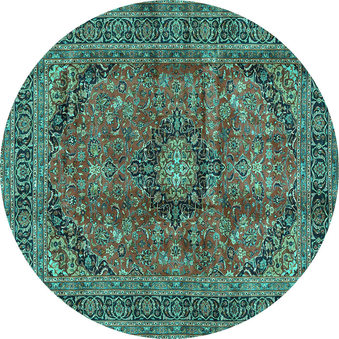 Round Machine Washable Medallion Turquoise Traditional Area Rugs, wshtr2601turq