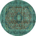 Round Machine Washable Medallion Turquoise Traditional Area Rugs, wshtr2601turq