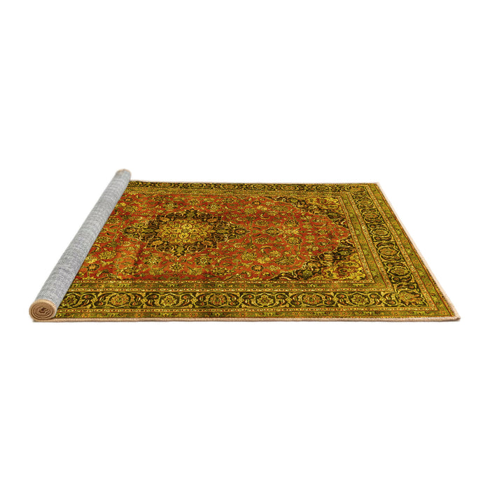 Sideview of Machine Washable Medallion Yellow Traditional Rug, wshtr2601yw