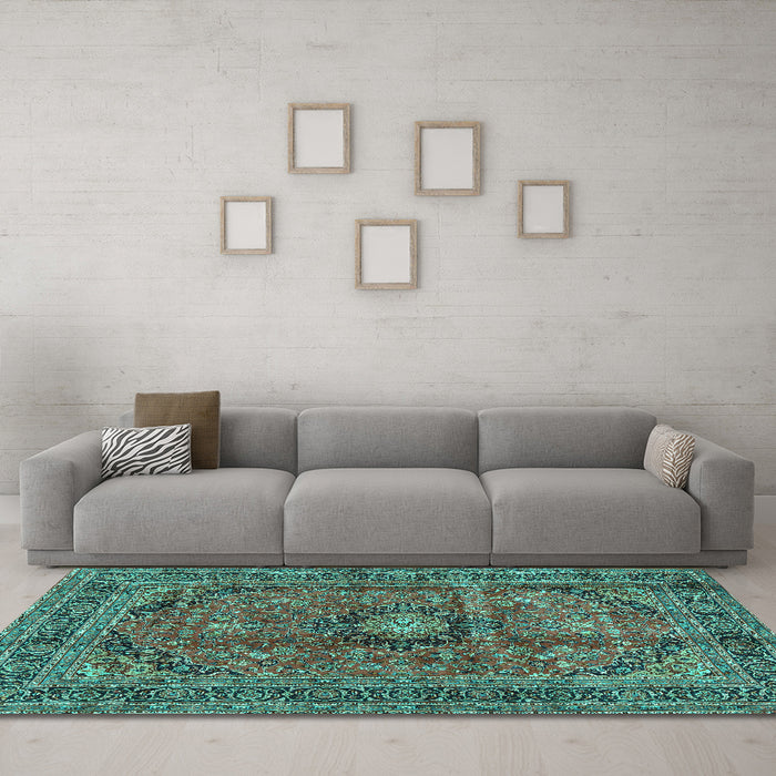 Machine Washable Medallion Turquoise Traditional Area Rugs in a Living Room,, wshtr2601turq