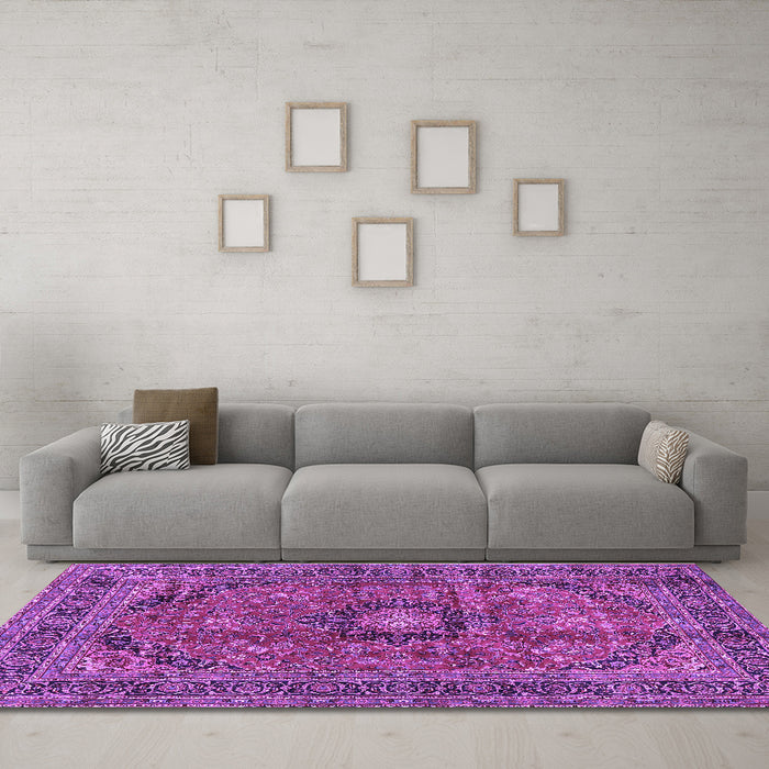 Machine Washable Medallion Purple Traditional Area Rugs in a Living Room, wshtr2601pur