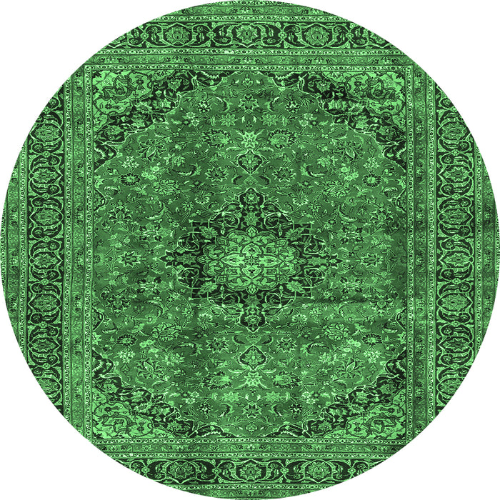 Round Machine Washable Medallion Emerald Green Traditional Area Rugs, wshtr2601emgrn