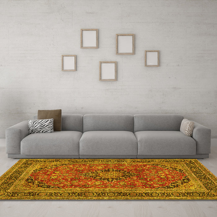Machine Washable Medallion Yellow Traditional Rug in a Living Room, wshtr2602yw
