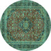 Round Machine Washable Medallion Turquoise Traditional Area Rugs, wshtr2602turq