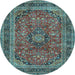 Round Machine Washable Medallion Light Blue Traditional Rug, wshtr2602lblu