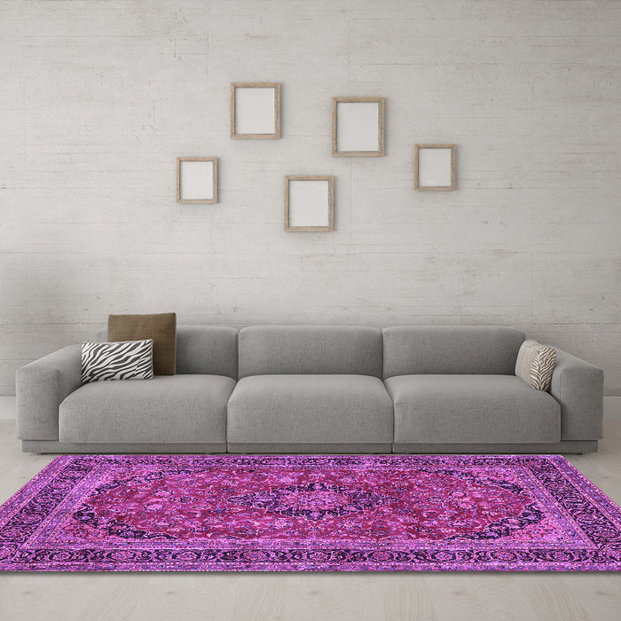 Machine Washable Medallion Purple Traditional Area Rugs in a Living Room, wshtr2602pur