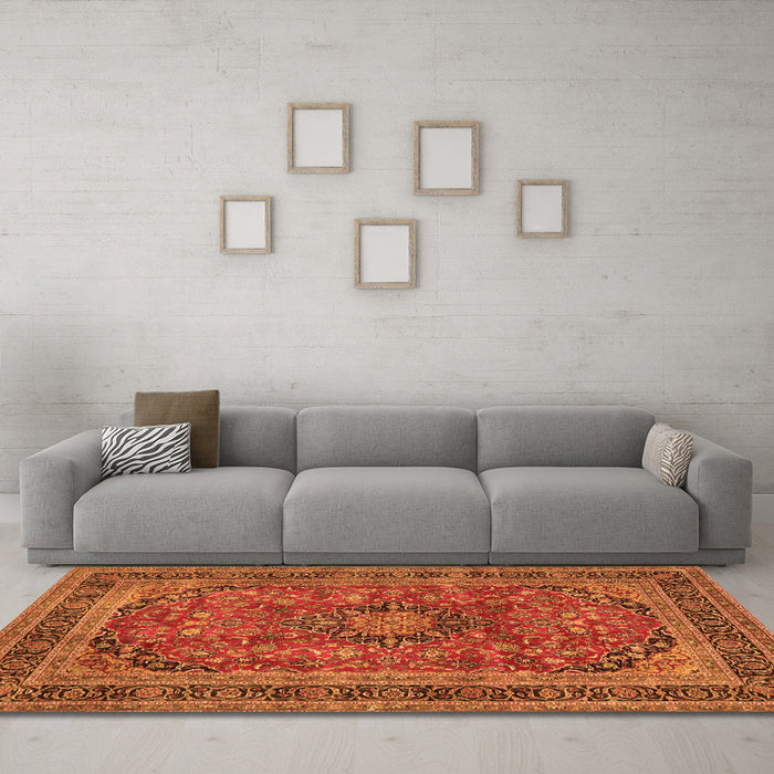Machine Washable Medallion Orange Traditional Area Rugs in a Living Room, wshtr2602org