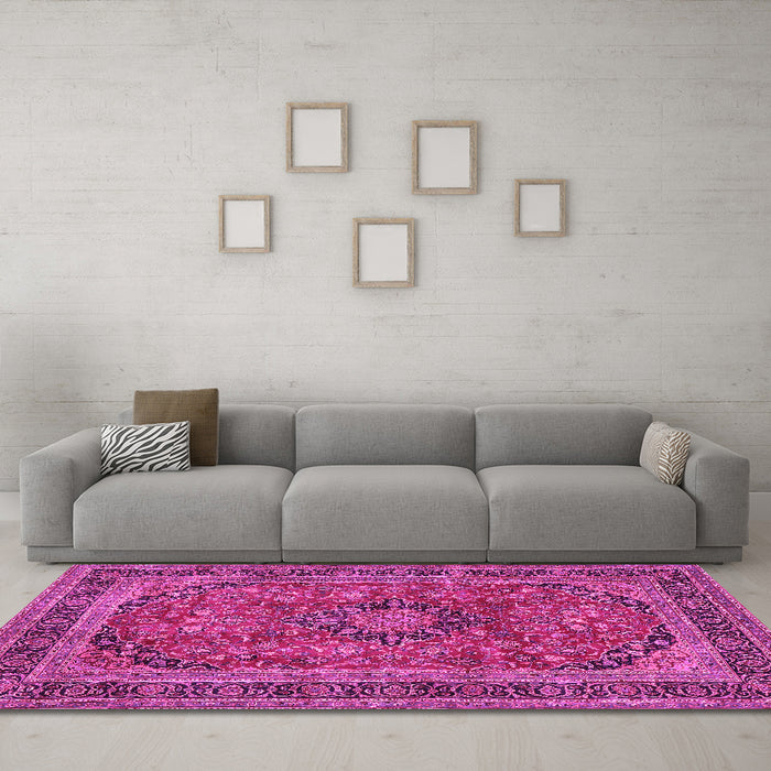 Machine Washable Medallion Pink Traditional Rug in a Living Room, wshtr2602pnk