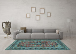 Machine Washable Medallion Light Blue Traditional Rug in a Living Room, wshtr2602lblu