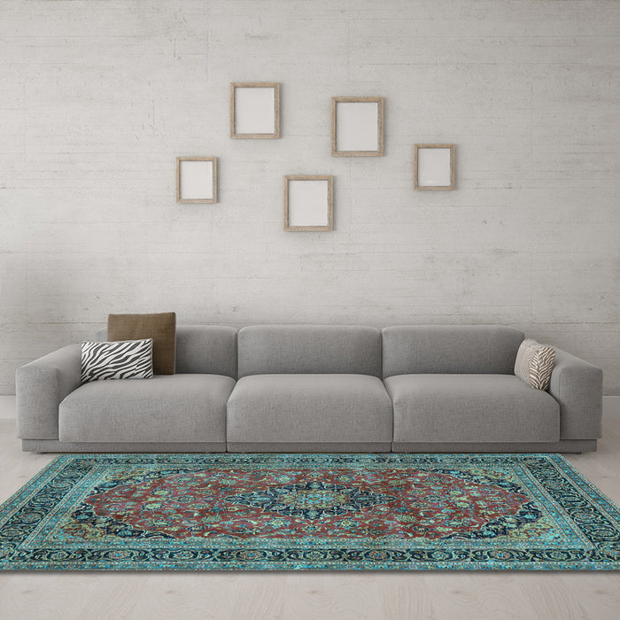 Machine Washable Medallion Light Blue Traditional Rug in a Living Room, wshtr2602lblu